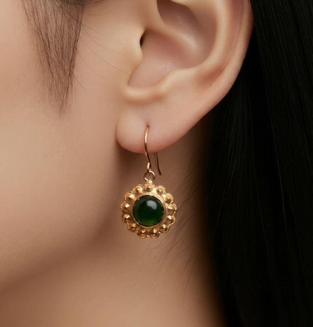 Gold Tone Green Jade Gemstone Drop Dangle Earrings
